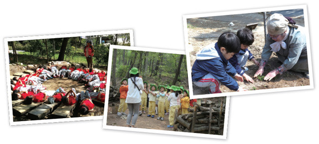 유아숲체험원을 찾은 아이들이 숲체험, 나무 심기 등을 하고 있다.
