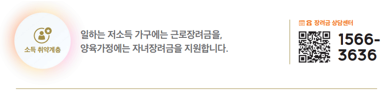 일하는 저소득 가구에는 근로장려금을, 양육가정에는 자녀장려금을 지원합니다.