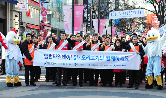 14일 서울 명동 일대에서 열린 닭·오리고기 소비 촉진 캠페인에 참가한 김종 문체부 2차관과 42개 부처청 대변인 등이 닭·오리고기 소비를 촉구하는 파이팅을 외치고 있다.