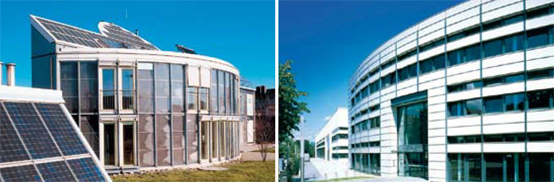 독일 최초의 에너지 자급자족 솔라하우스(왼쪽)와 프라우언호프 태양에너지시스템 연구소