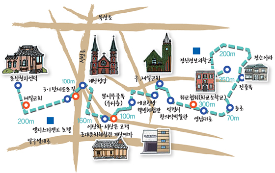 대구 근대골목 제2코스 ‘근대문화골목’ 지도. 청라언덕에서 진골목까지 대략 2시간이 소요된다.