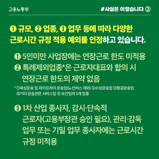 우리나라 주52시간제, 다양한 예외 인정