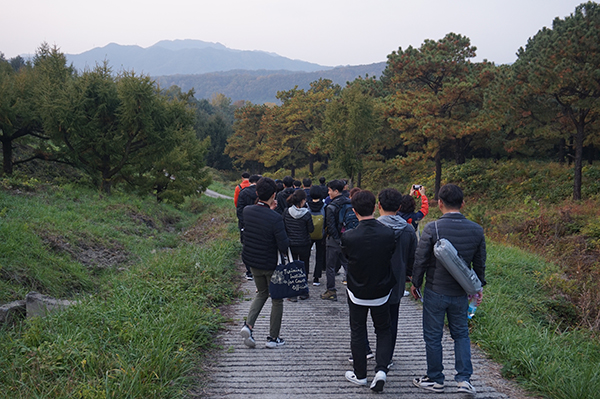 적보산 씨앗숲의 낙엽송과 리기테다소나무를 살펴보고 있는 방문객들.