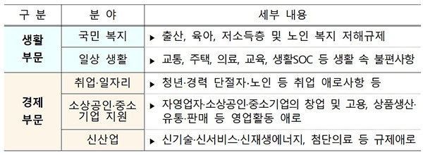 민생규제 혁신 과제(5개 분야)