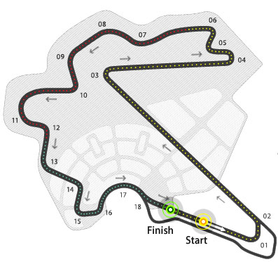 코리아 인터내셔널 서킷 코스 (제1구간, 제2구간, 제3구간으로 나뉘어 있다.)