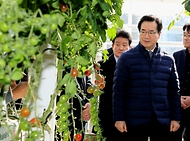 정황근 농림축산식품부 장관이 16일 충남 부여군 우듬지팜을 방문, 스마트팜 방울토마토 재배시설을 살펴보고 있다.