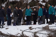 임상섭 산림청장이 최훈식 장수군수와 임산물(오미자) 시설 재배지 대설피해 현장을 방문해 피해현황을 점검하고 복구계획을 논의하고 있다.