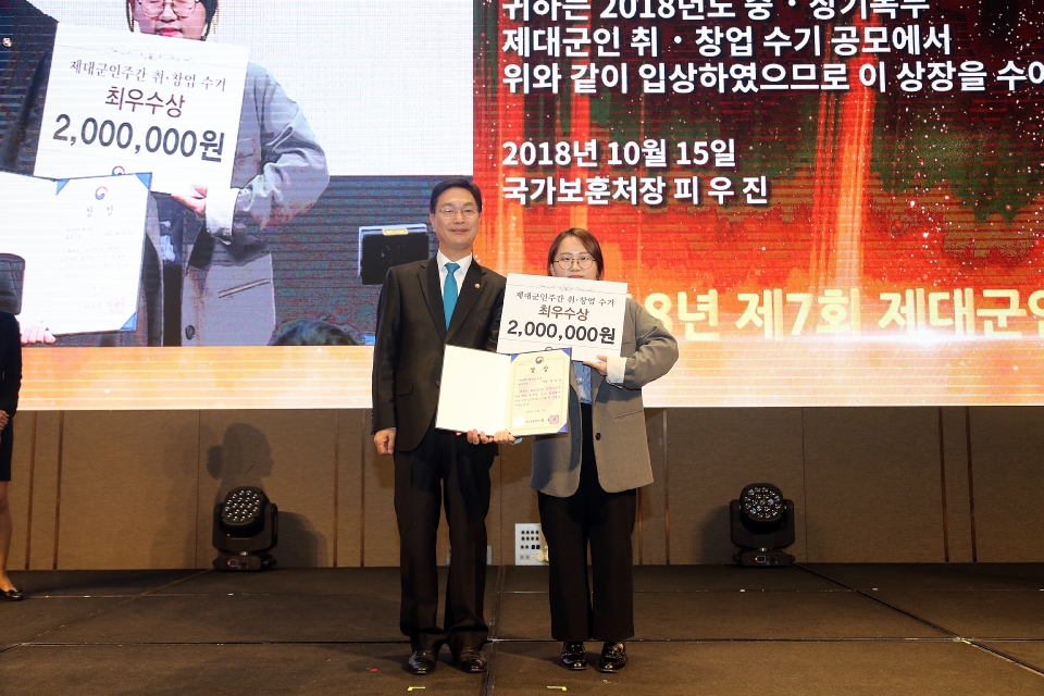 심덕섭 국가보훈처장이 15일 서울 용산구 드래곤시티호텔에서 열린 2018 제7회 제대군인주간 기념식에 참석하여 제대군인 고용우수기업 인증업체 인증패 및 취·창업 수기 우수자등 상장 수여를 하고 있다.