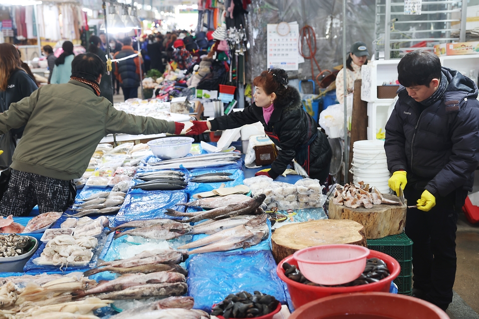 <p>민족 최대의 명절 설 연휴를 이틀 앞둔 7일 오후 세종 조치읍 세종전통시장에서 시민들이 제수용품을 구매하고 있다. </p>