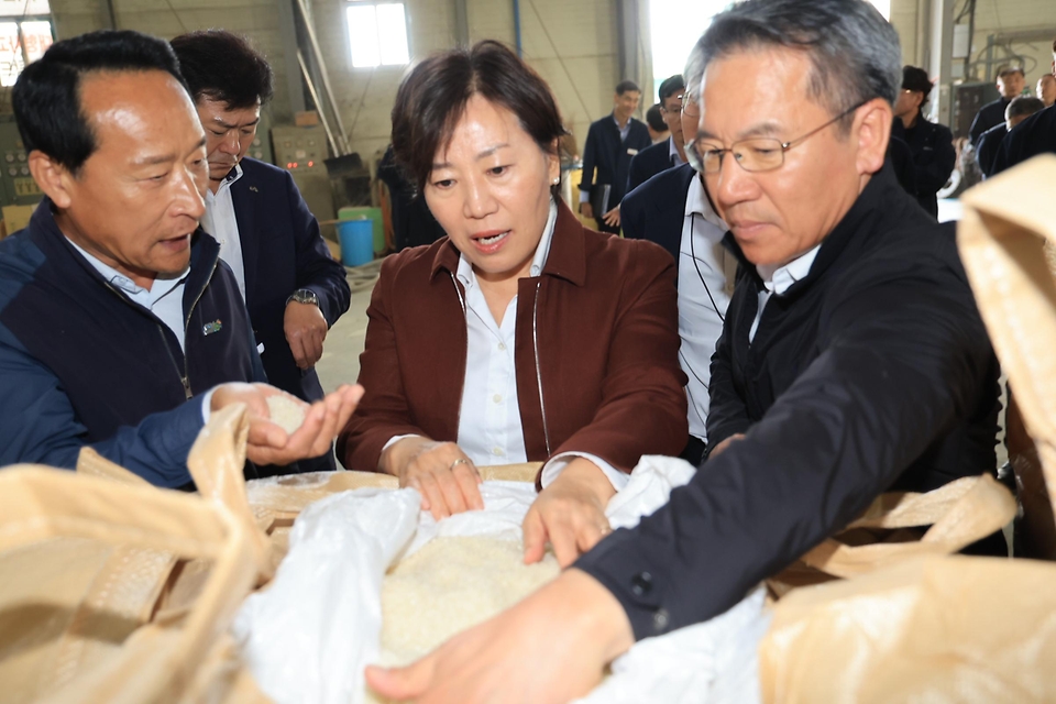 송미령 농림축산식품부 장관은 본격적인 벼 수확기를 맞아 10월 21일(월) 오후 충남 서산시 운산면 산지유통업체를 방문하여 2024년 수확기 쌀 수급상황을 점검하고, 지난 9월 피해벼 등으로 어려움을 겪은 농업인들을 격려하였습니다.