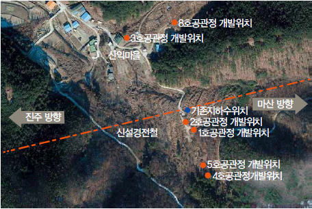 위성에서 바라본 산익마을. 마을을 가로지르는 경전선 공사로 마을의 수원이 말라버리는 일이 발생했다.