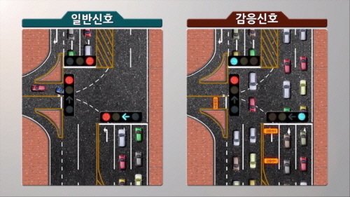 일반신호와 감응신호 비교 시뮬레이션 동영상 캡처, 감응신호는 교차로 이용차량의 신호대기를 최소화한다