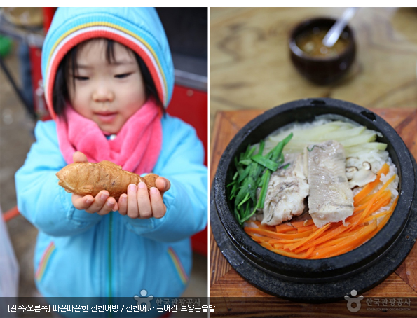 [왼쪽/오른쪽]따끈따끈한 산천어빵 / 산천어가 들어간 보양돌솥밭