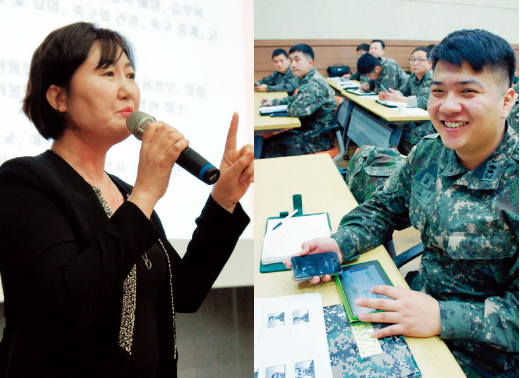 국방홍보원 남복희 아나운서가 국방뉴스 현역 기자 실무교육 워크숍에서 부대 안 영상 소재 발굴에 대해 강의하고 있다(왼쪽). 실습 작품 우수상을 받은 배상우 중위의 교육 중 모습(오른쪽).