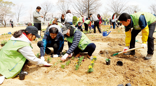 시민들과 여야 의원들이 4월 8일 국회 헌정회 앞 잔디마당에서 잔디를 걷어내고 각종 채소를 심는 생생텃밭 가꾸기에 함께하고 있다.