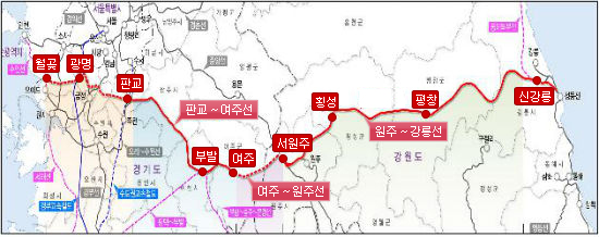 월곶~판교, 여주~원주 동서철도망 구축 연계노선 현황