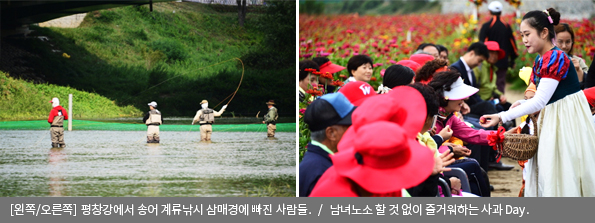 [왼쪽/오른쪽]평창강에서 송어 계류낚시 삼매경에 빠진 사람들 / 남녀노소 할 것 없이 즐거워하는 사과 Day