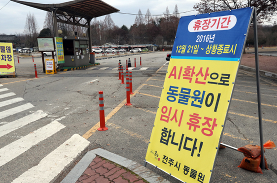 겨울방학 맞은 어린이와 청소년의 야외활동 증가와 반려동물 접촉 시간이 늘어나는 것을 감안, 농식품부는 ‘어린이·청소년 AI 예방 행동수칙’을 마련했다. 사진은 임시 휴장에 들어간 전주동물원. <저작권자(c) 연합뉴스, 무단 전재-재배포 금지> 