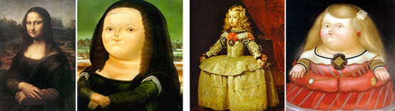 좌로부터: 레오나르도 다 빈치<모나리자>, 보테로 <뚱뚱한 모나리자> / 벨라스케스<마르그리타 왕녀(6세)>, 보테로<벨라스케스를 따라서>