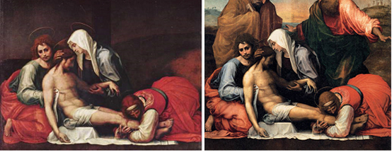 프라 바르톨로메오 <비탄Lamentation>, 1511-12, Oil on wood, 158×199 cm, 좌: 복원 전, 우: 복원 후