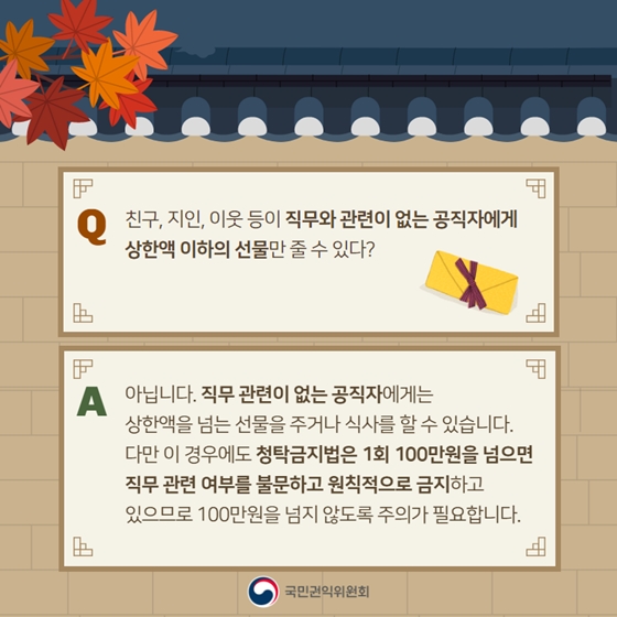 [Q&A] 추석 선물·식사, 청탁금지법 규정은?