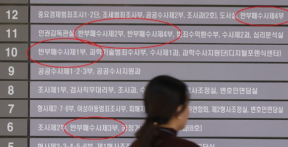 법무부가 지난 14일 서울,대구,광주 3개 검찰청을 제외한 나머지 검찰청의 특별수사부를 폐지하기로 결정했다. 이에따라 지난 22일 검찰의 대표적 직접수사 부서인 특별수사부는 '반부패수사부'로 이름이 변경됐다. 사진은 서울 서초구 서울지검 로비에 설치된 층별 안내도의 모습. (저작권자(c) 연합뉴스, 무단 전재-재배포 금지) 