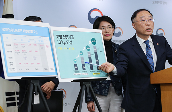 지난해 10월 30일 당시 홍남기 국무조정실장(현 경제부총리 겸 기획재정부 장관)이 서울 종로구 정부서울청사에서 정부의 재정 분권 추진방안을 발표하고 있다.(사진=저작권자(c) 연합뉴스, 무단 전재-재배포 금지)