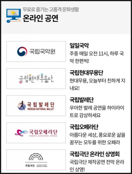 무료로 즐기는 온라인 공연이 국립공연단체들의 유튜브와 연결되어 있다