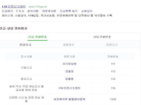포털에 검색해본 119. 응급의료와 병원정보도 안내되고 있다.