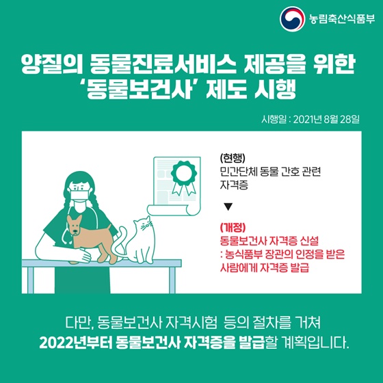 양질의 동물진료서비스 제공을 위한 ‘동물보건사’ 제도 시행 . (개정) 동물보건사 자격증 신설 : 농식품부 장관의 인정을 받은 사람에게 자격증 발급