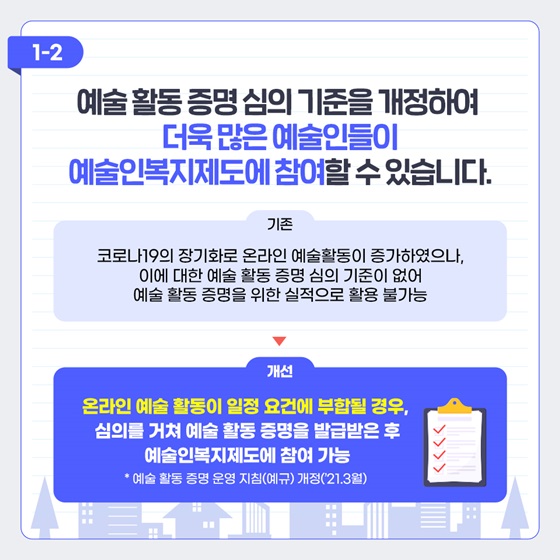 예술 활동 증명 심의 기준을 개정하여 더욱 많은 예술인들이 예술인복지제도에 참여할 수 있습니다.