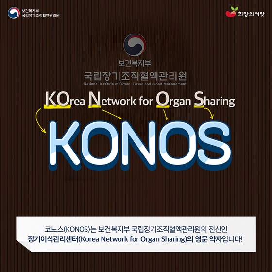 코노스(KONOS)는 보건복지부 국립장기조직혈액관리원의 전신인 장기이식관리센터(Korea Network for Organ Sharing)의 영문 약자입니다