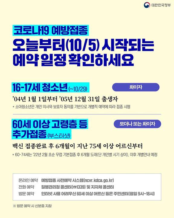 청소년·60세 이상 고령층, 오늘부터(10/5) 시작되는 코로나19 예방접종 일정 확인하세요 하단내용 참조