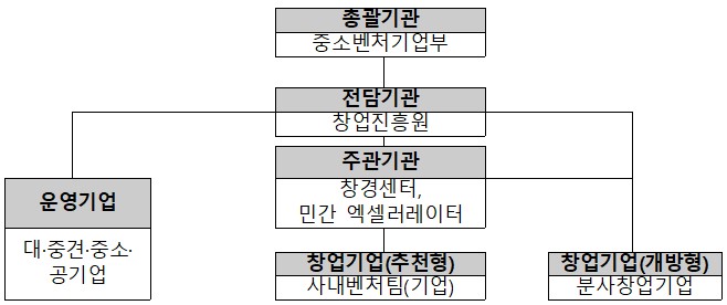 사업 지원체계. 대기업 등의 혁신역량을 활용, 분사 창업기업(팀)의 사업화 지원. 총괄은 중기부가 전담은 창업진흥원이 맡고 있다.