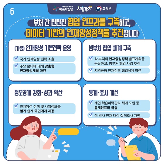 부처 간 탄탄한 협업 인프라를 구축하고, 데이터 기반의 인재양성정책을 추진합니다.