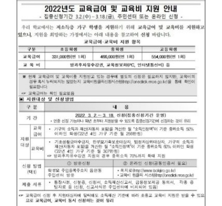 모바일 알림장인 E알리미로 2022년 교육급여 및 교육비 집중신청기간에 대한 안내문이 전송됐다.