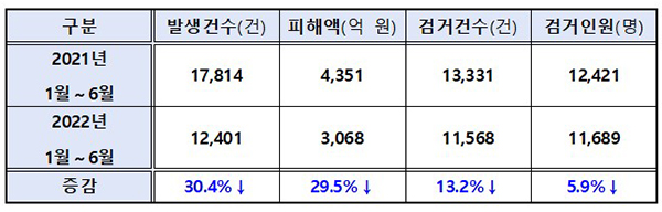 전년 같은 기간(2021년 1월∼6월) 대비 전화금융사기 발생·검거 현황. (발생 건수가 감소하면서 검거 건수·검거 인원도 감소). (자세한 내용은 본문에 설명 있음)