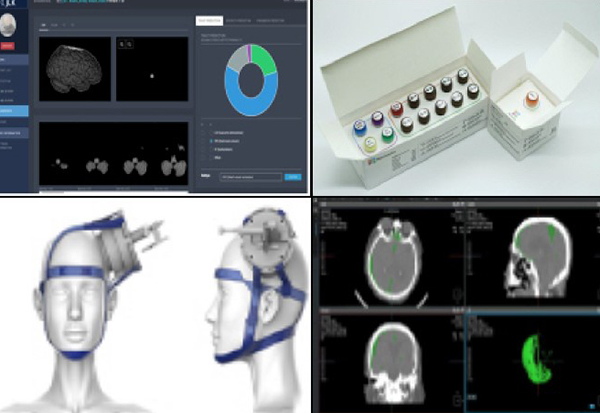 혁신의료기기로 지정된 (왼쪽 위 시계방향부터) 제이엘케이의 뇌영상검출·진단보조소프트웨어, 노보믹스의 종양관련유전자검사시약, 코어라인소프트의 뇌영상검출·진단보조소프트웨어, 뉴로소나의 집속형초음파 자극시스템. (사진=보건복지부)