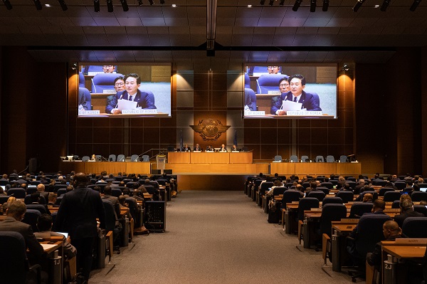 민관대표단 수석대표인 원희룡 국토교통부 장관이 ICAO 총회에 참석해 연설하고 있다. (사진=외교부)