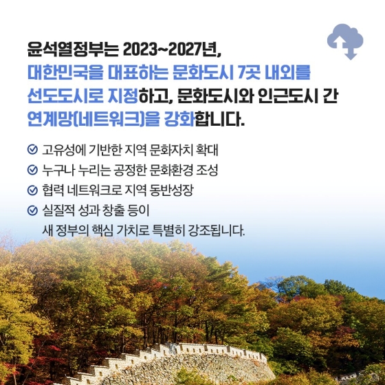 어느 지역에 살든 누구나 공평하게 누리는 ‘문화’ 문화체육관광부가 ‘대한민국 문화도시’를 조성합니다.