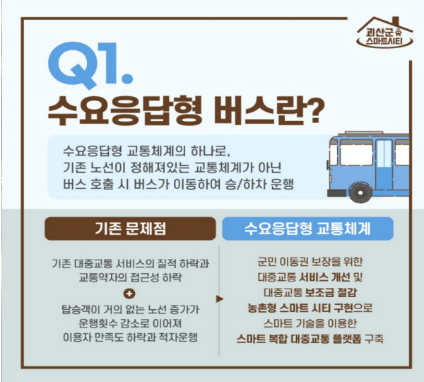 교통편이 불편한 지역에서는 100원 택시, 수요응답형 버스 등 고령 인구를 위한 교통 수단 마련을 위해 고심하고 있다.(출처=충북괴산군블로그