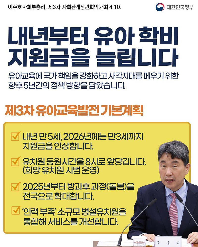 내년부터 유아학비 지원금을 늘립니다 하단내용 참조