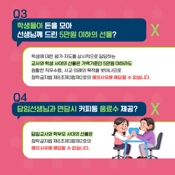 학생들이 준비한 5만원 이하의 선물, 담임선생님과 면담시 음료수 제공 관련 OX(출처=국가권익위원회 누리집)