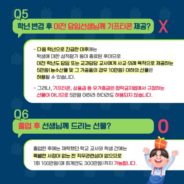 이전 담임선생님께 기프티콘 제공, 졸업 후 선생님께 드리는 선물 OX(출처=국가권익위원회 누리집)