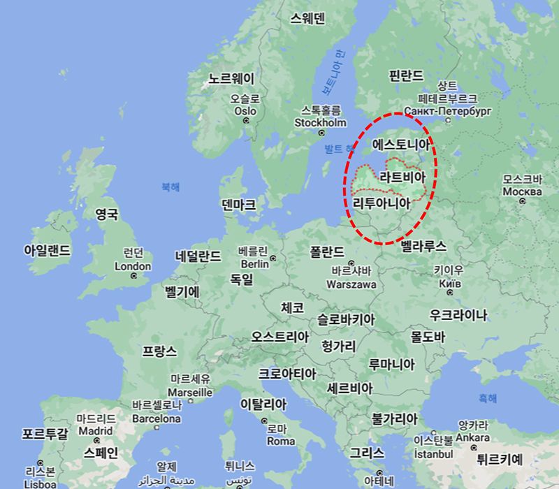 유럽지도(Google map): 발트3국 ？ 에스토니아, 라트비아, 리투아니아.