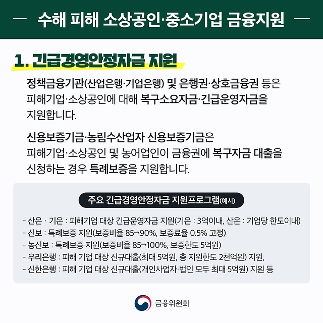 수해 피해 가계·중소기업을 위한 금융지원방안 알려드립니다.