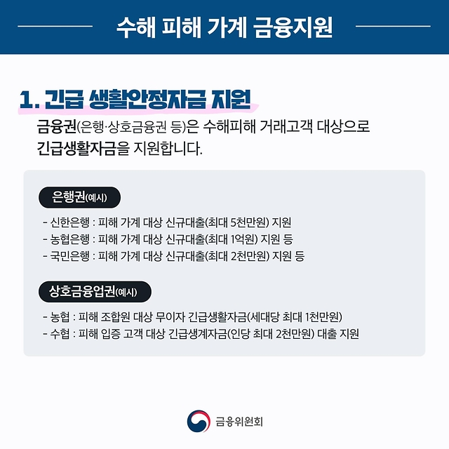 수해 피해 가계·중소기업을 위한 금융지원방안 알려드립니다.