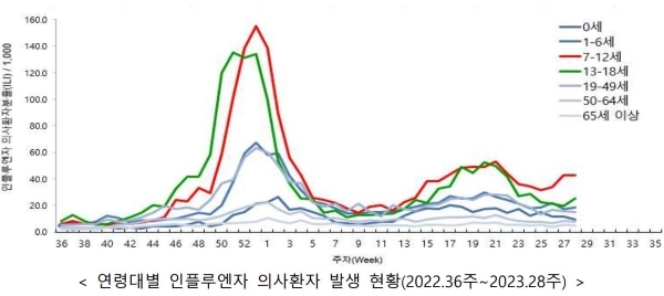 인플루엔자의 유행이 꺾이지 않는 양상을 보이고 있으며 학생 연령층에서 주로 발생하고 있다.(출처=질병관리청)