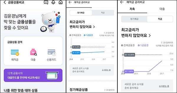 '예금상품 비교 추천서비스'를 통해 여러 정보를 제공 받는다. <출처=우리은행>