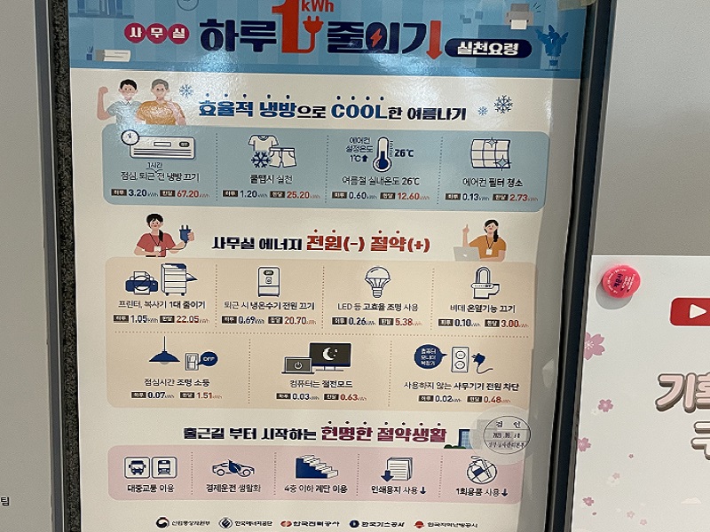 근무지에서 발견한 사무실 '하루 1kWh 줄이기' 실천요령 포스터. 전기 등 에너지 사용을 줄이는 것도 친환경을 실천하는 방법이다.